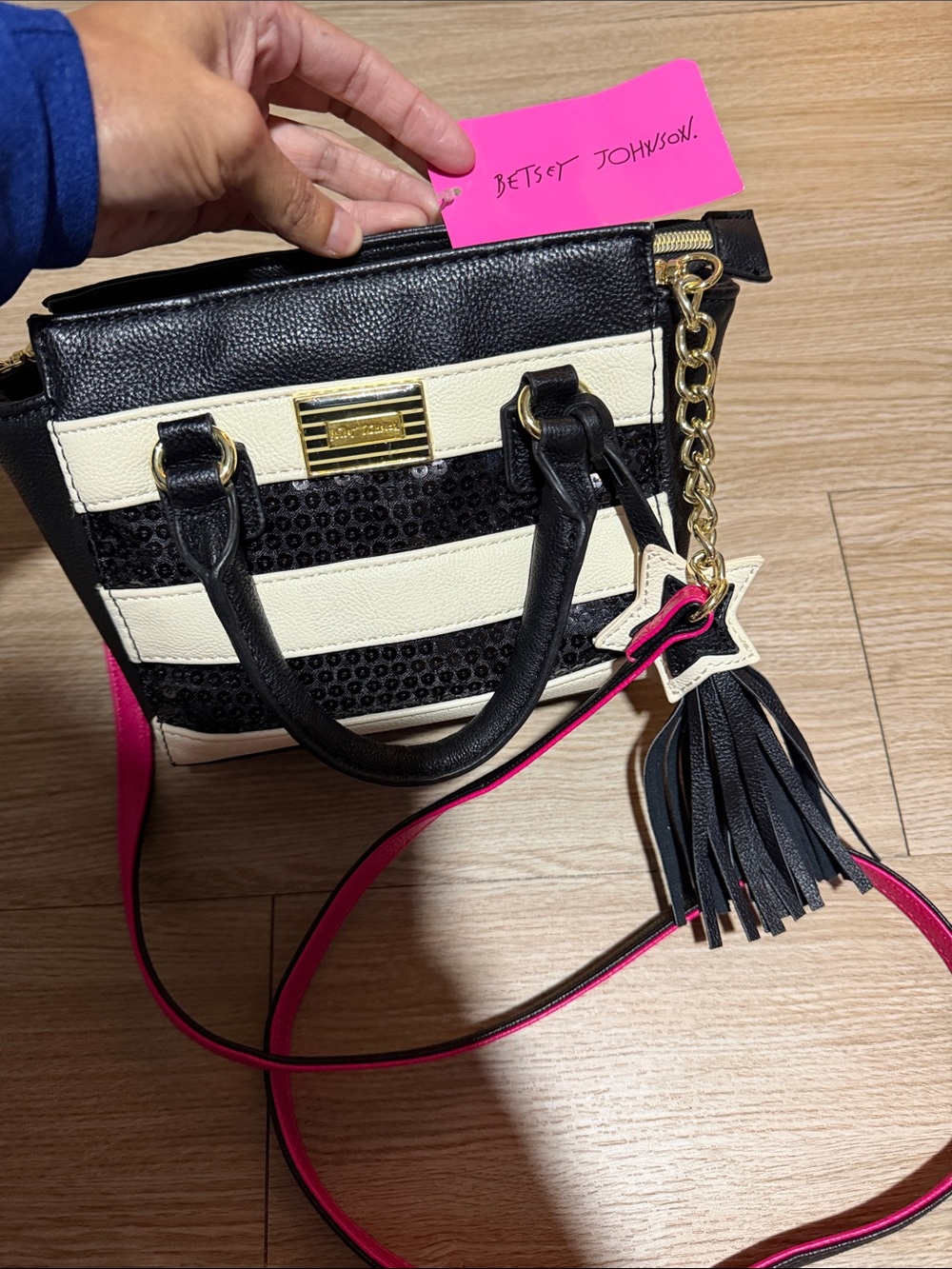 Betsey Johnson Black Cream Sequined Crossbody with Hot Pink Strap & Tassel Star